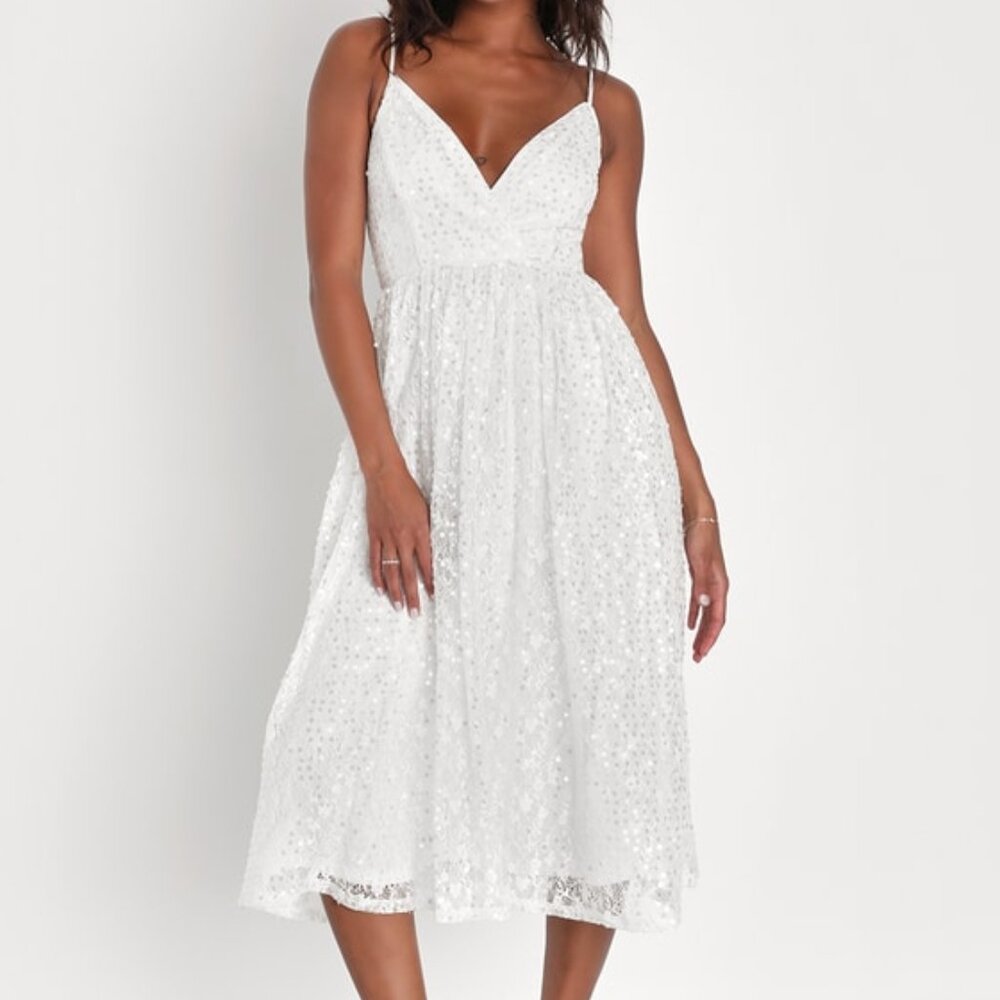 Lulus Dreamy Drama White Lace Sequin A-line Midi Dress - Size S